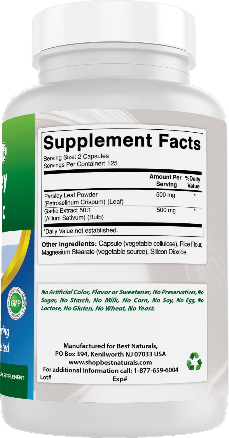 Best Naturals Parsley and Garlic 1000 mg per Serving 250 Vegetarian Capsules. Gluten Free and Non-GMO. - Image 6