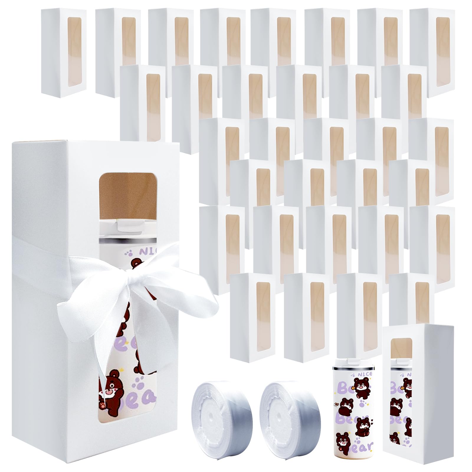 SENONAPO 64 Stück Geschenkboxen mit Band, 340 ml, 473 ml, 567 ml, für transparente Geschenkbox für Sublimationsglas, Ausstellungsboxen, Trinkgläser, Gläser, Rohlinge, Becher, Sublimationsgläser,