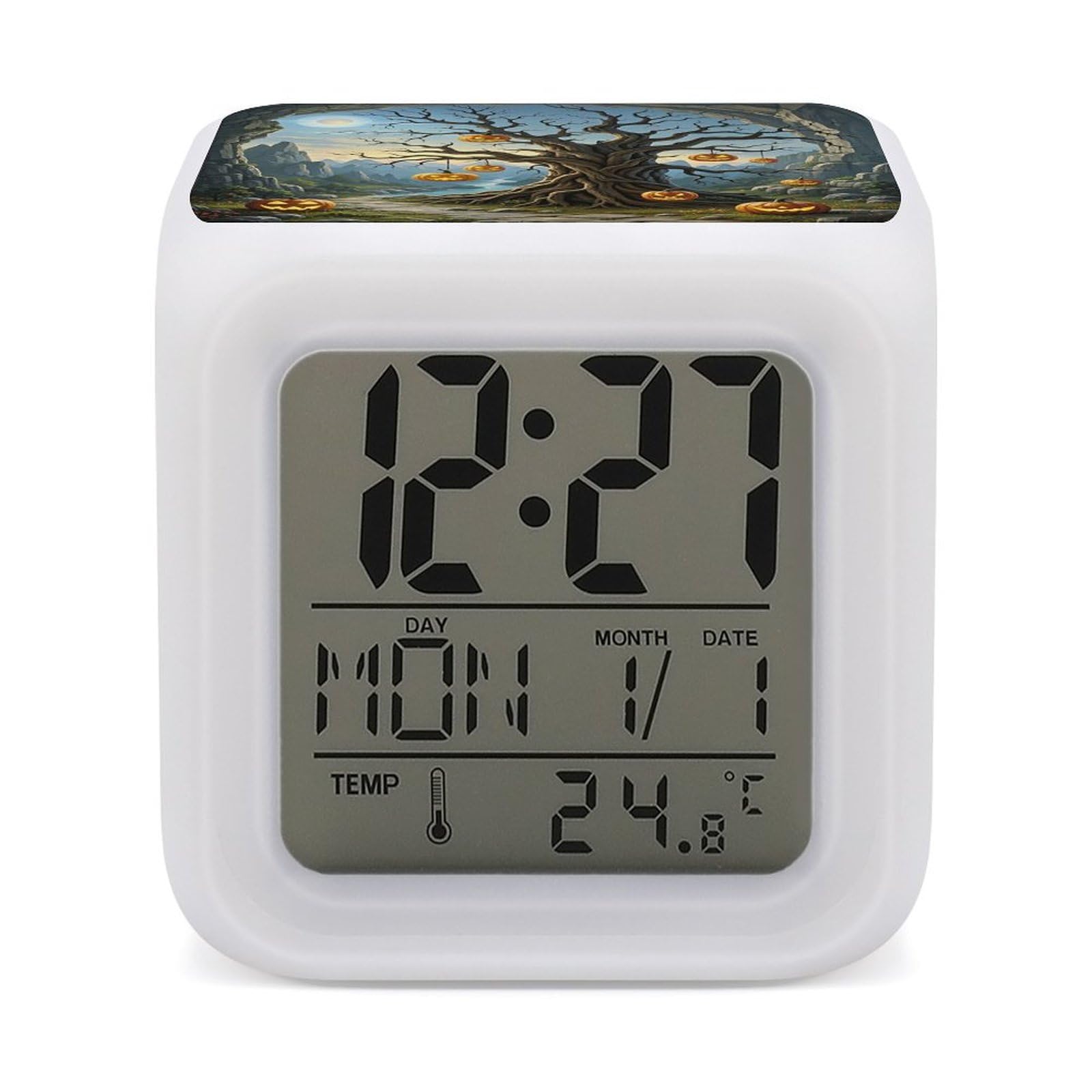 LZQPOEAS Dried Tree Pumpkin Lantern Alarm Clock Desk Clock with 7 Color Changing Night Light Digital Clocks with Temperature Display Sleep Training and Sound Machine for Heavy Sleeper