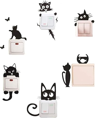 Adhesivo extraíble para interruptor, 6 piezas de lindos gatos negros de dibujos animados, calcomanías de decoración de interruptor de luz,