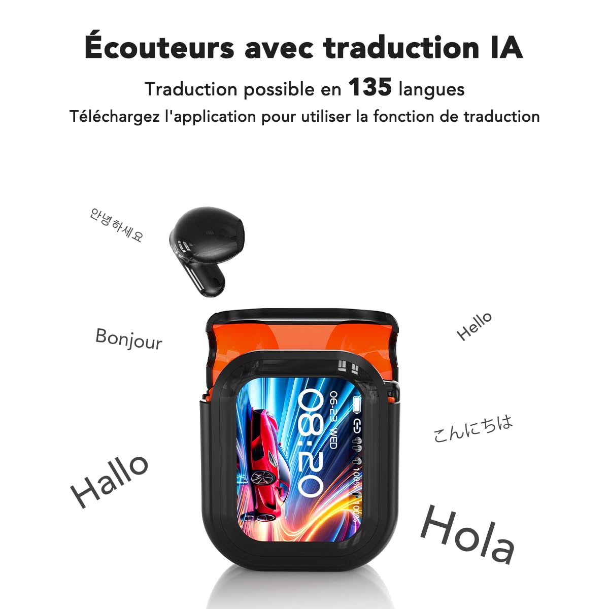NE20 AI Écouteur Traducteur Instantané, 135 Langues 6 Modes de Traduction, Bluetooth 6.0, Écran Tactile, Son HiFi, Idéaux pour Le Bureau, Le Sport et Les Études
