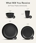 Quatish 24 Piece Plastic Plates and Bowls Sets for 6, Unbreakable Plastic Dinnerware Sets, Dish Set for Camping, Dishwasher Microwave Safe, Outdoor Kitchen and Apartment Dinning Essentials, Black
