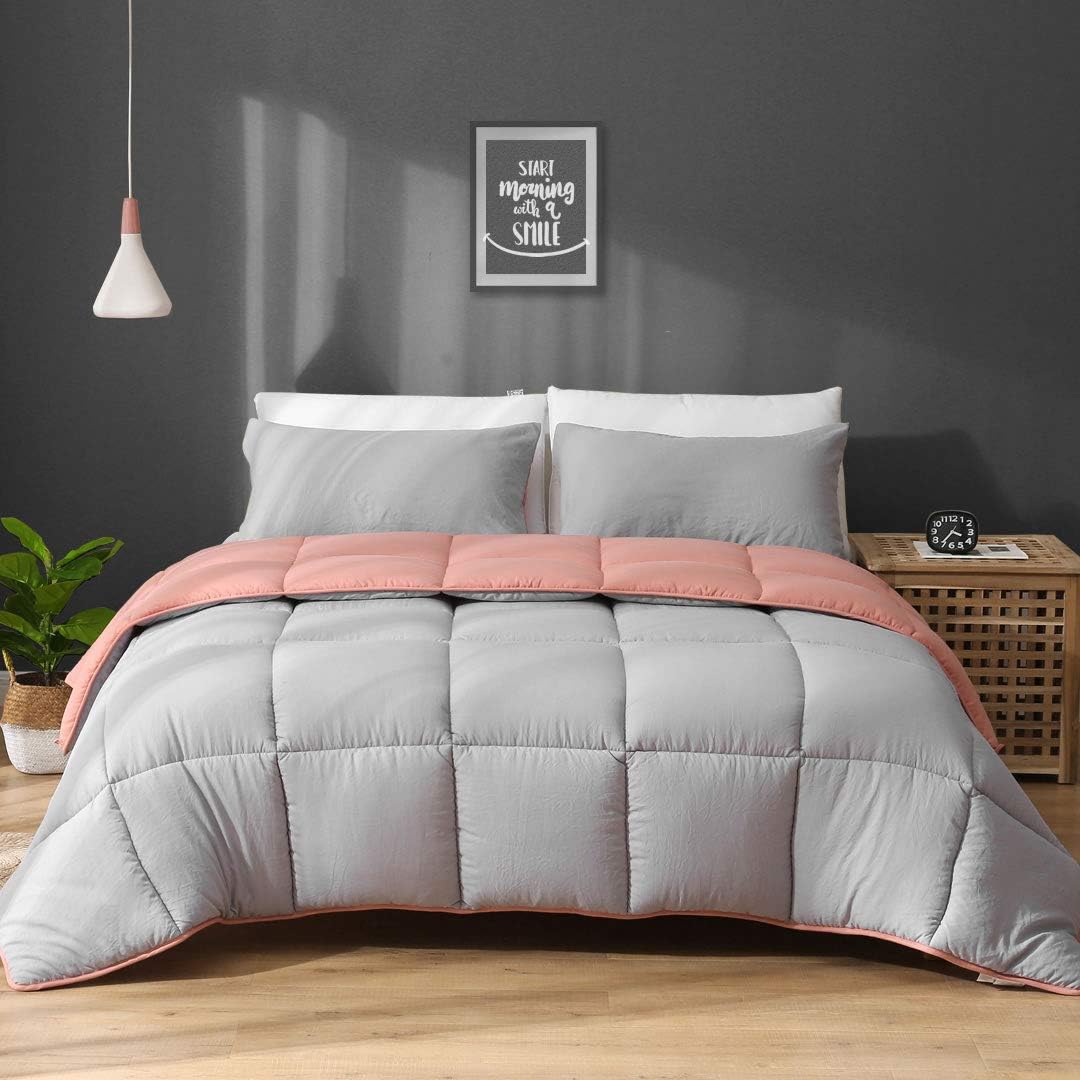 APSMILE Reversible King Bed Comforter Set - 3 Piece All-Season Down Alternative Comforter with Sham, Ultra-Soft Cloud Fluffy Microfiber Duvet, Warm, Rose Red/Grey