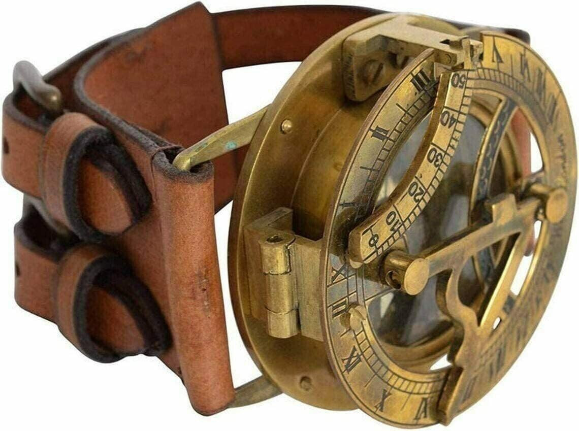 Brass Wrist Sundial Compass – 2-Inch Vintage Sundial & Compass, Solid Brass & Leather Explorer Watch, Nautical Outdoor Adventure Timepiece, Antique Navigation Tool-picture-37