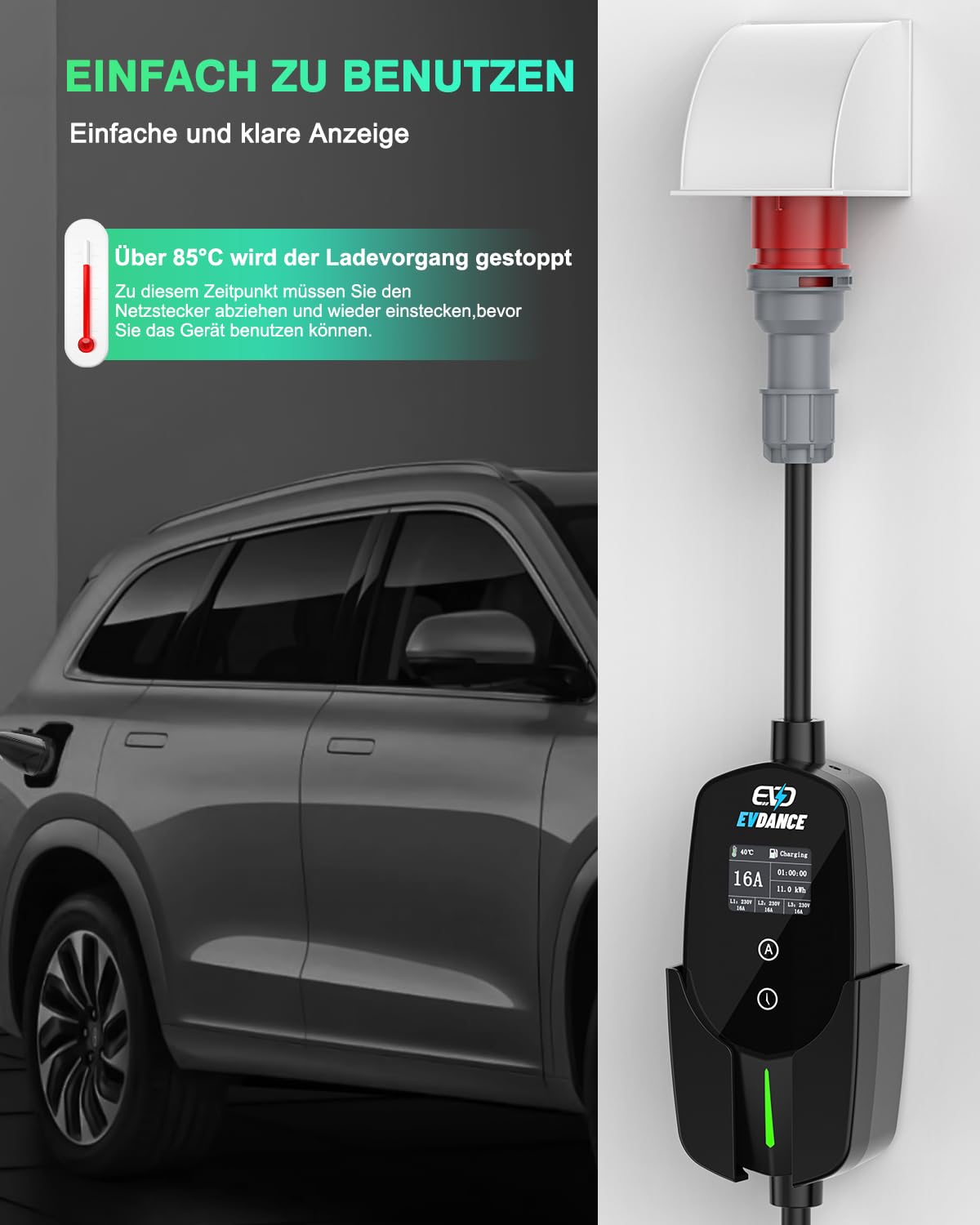 EVDANCE Mobile Wallbox 11kW [7.8m 3-Phasig 6-16A] Typ 2 Ladekabel CEE 16A auf Typ 2 mit Einstellbarer Ladeleistung für Elektroauto