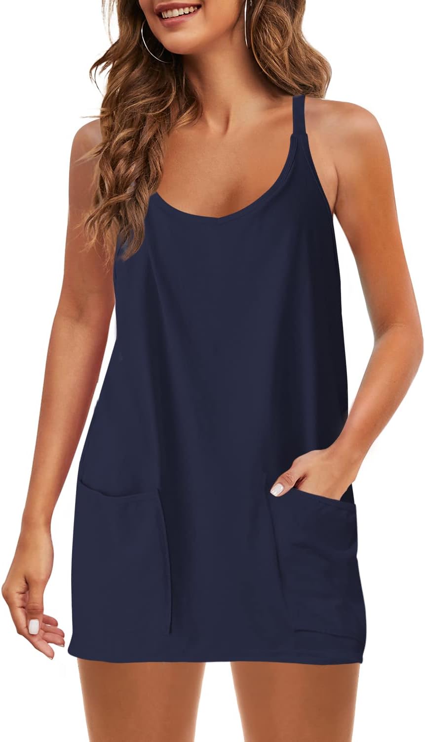 Panadila Womens Summer Sleeveless Mini Dress V Neck Spaghetti Strap Sundress Athletic Short Dress with Pockets