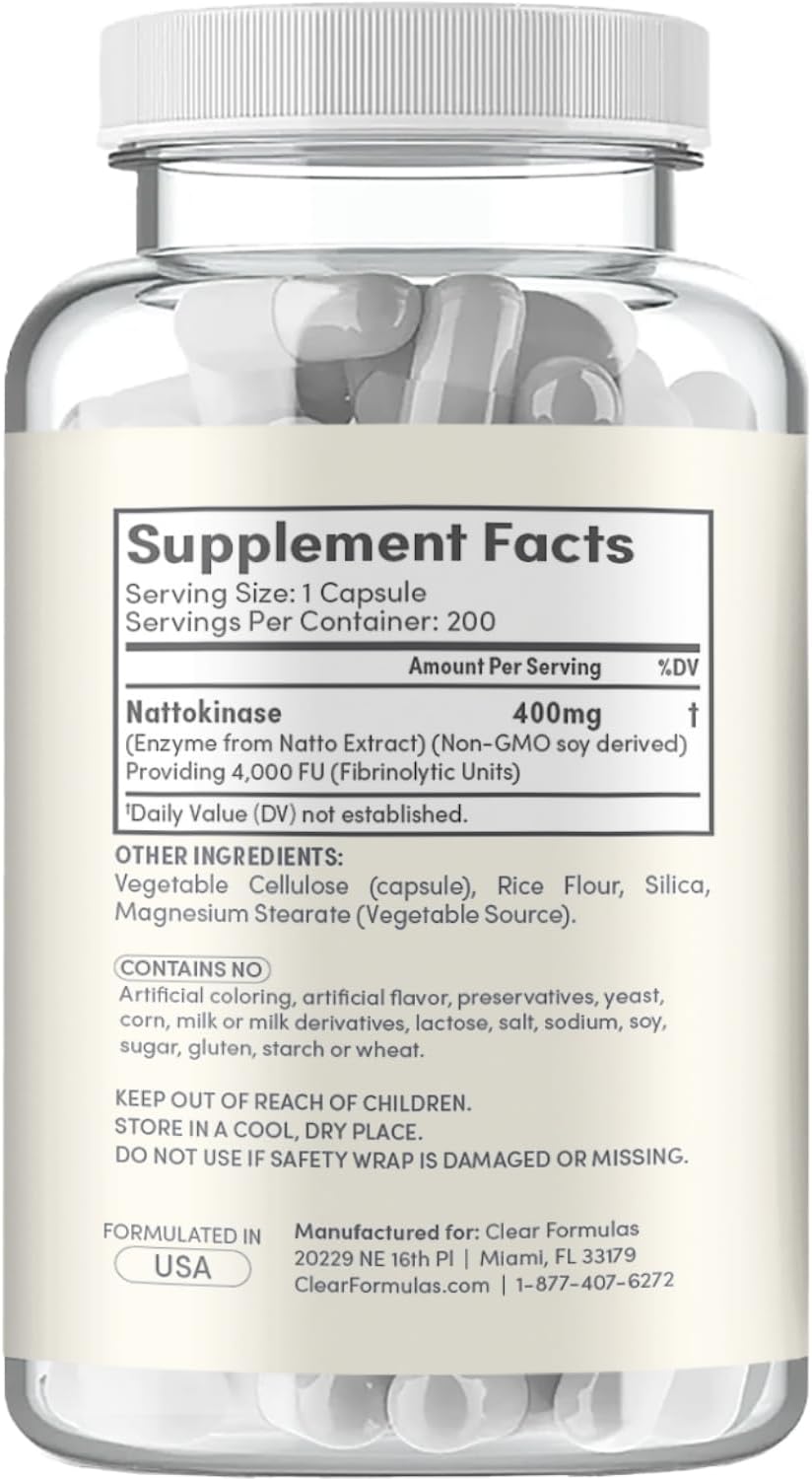 Clear Formulas Nattokinase 4000 FU Enzyme Supplement - Double Strength Nattokinase Supplement from High Potency Non-GMO Gluten Free Natto Extract - 1 Capsule Serving - (200 Servings)