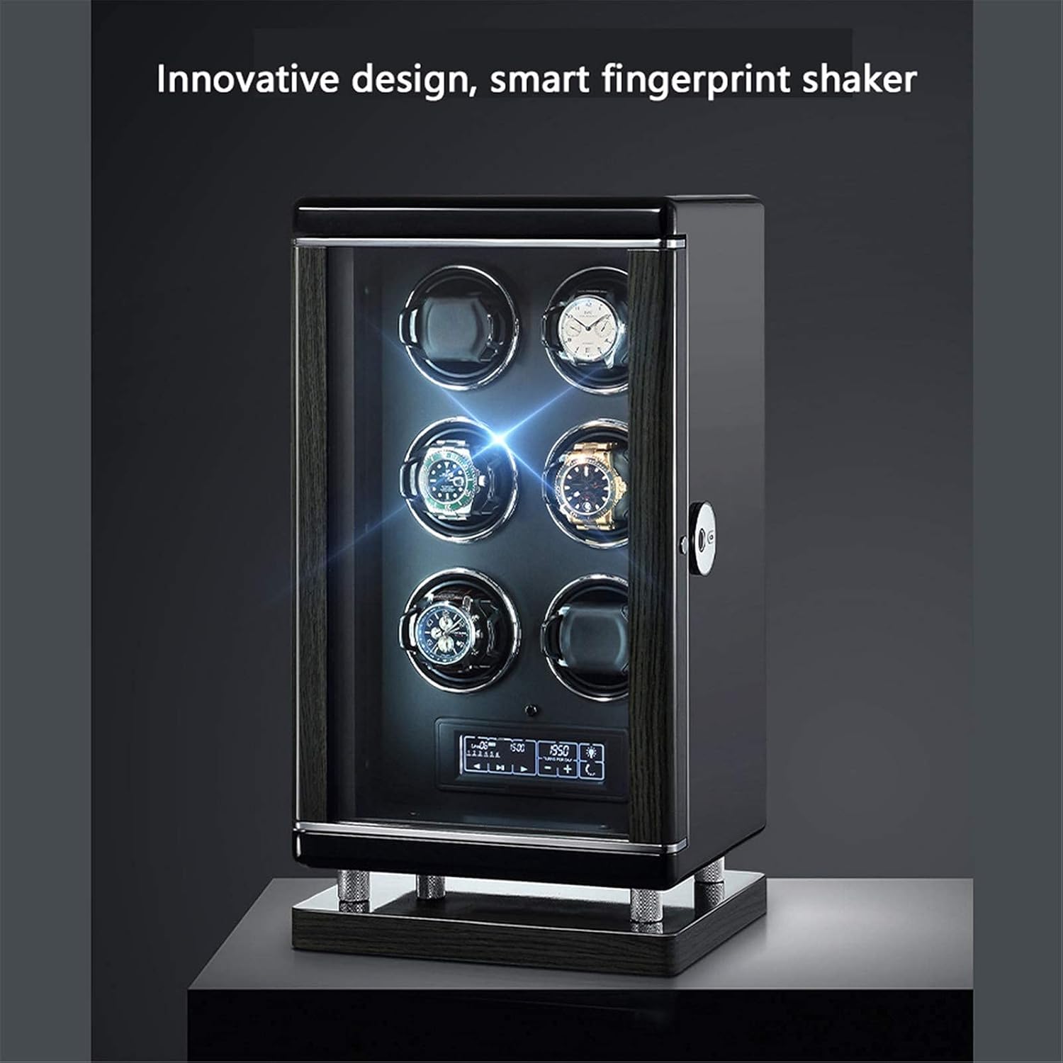 Watch Winder with Super Quiet Motor Smart Fingerprint Unlock LCD with Touch Panel with Remote Control Blue Led Light 6 Available Modes Storage Box,8 Epitope