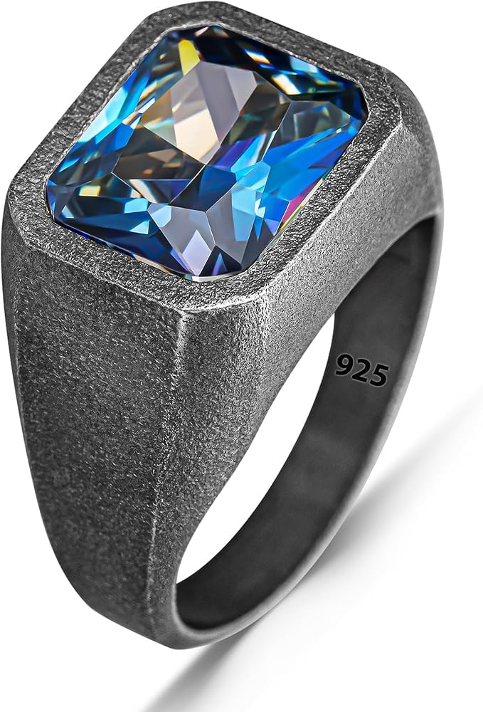 Anillo para hombre de plata de ley 925 con piedra de topacio azul oxidada básica