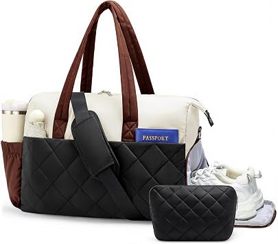 Gym Bag for Women with Shoe Compartment, 2-PC Lightweight Puffer Weekender Duffle with Wet Pocket, Quilted Carry on Travel Bag for Overnight Diaper Dance Hospital, Water Resistant, Brown