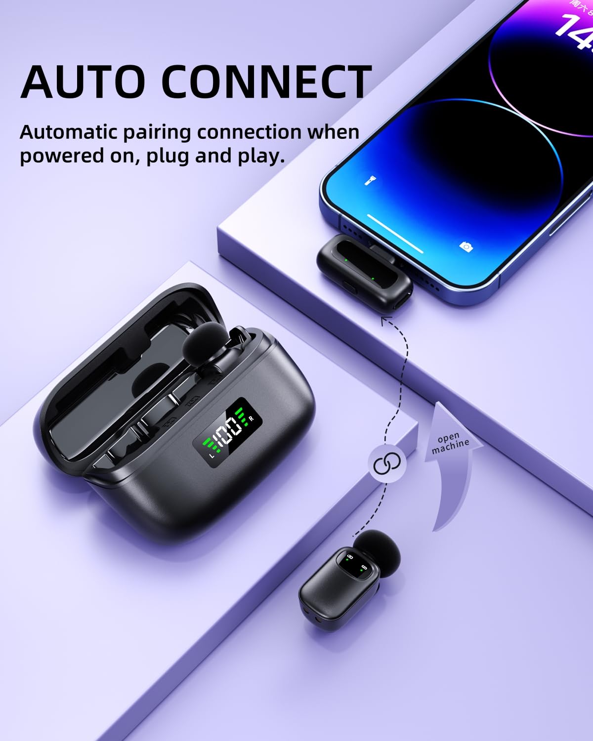 Microfono lavalier wireless per iPhone/fotocamera/laptop con custodia di ricarica, riduzione del rumore di terzo livello, durata della batteria 30H, microfono da bavero wireless per