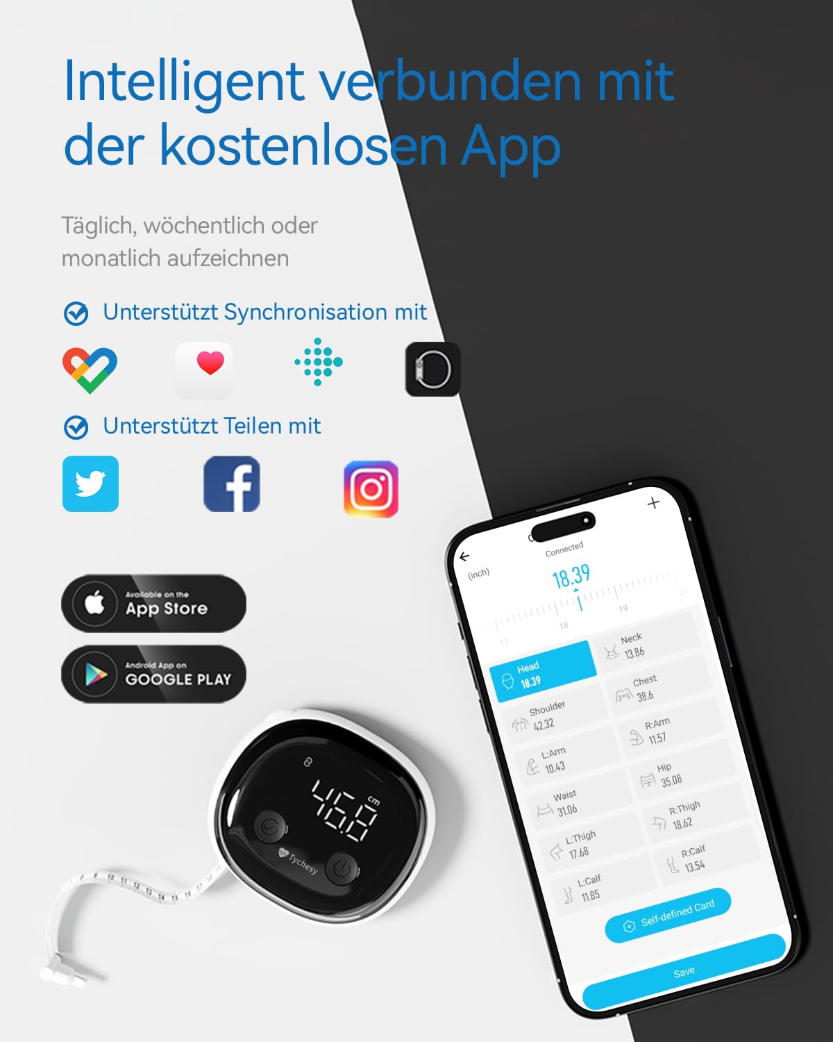 Smart Körpermaßband, Bluetooth Digitales Maßband Körper mit App für Messen der Körperumfänge von Bizeps, Brust, Hüfte, Waden, Oberschenkel und Hals, Körpermassband mit LED-Klardisplay, 150CM