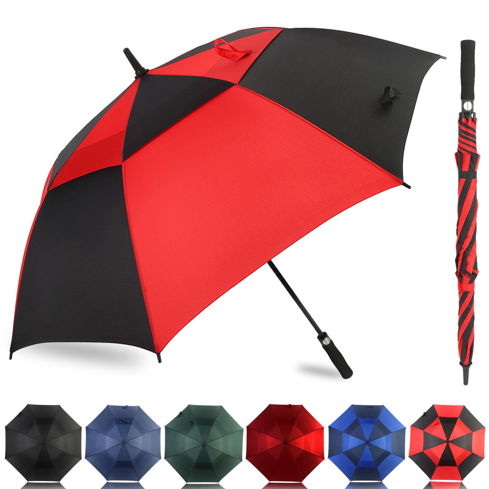 - Automatic Open Golf Umbrella 54/62/68/72 Inch, Extra Large Windproof Vented Double Canopy Stick Umbrella, 210T Pongee Waterproof SPF 50+, Fiberglass Ribs Steel Shaft, EVA Grip for Golf & Commute