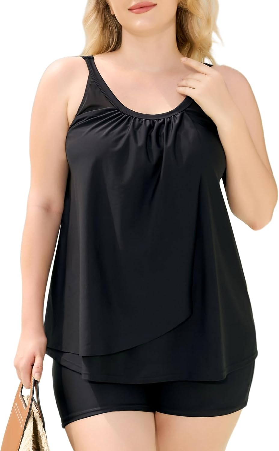 Ocean Blues Women's High Neckline Tankini Sets Tummy Control Two Piece Bathing Suits Loose Fit Swim Tank Top with Boyshorts