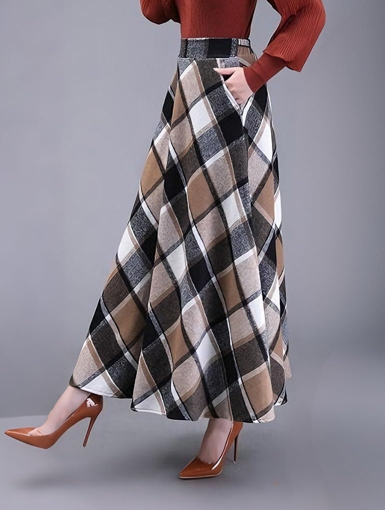 Womens Plaid Skirt Long A-Line High Elastic Waisted Skirt Winter Vintage Tartan Skirts with Pockets - Image 4