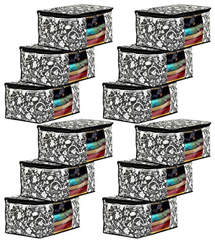 Amazon Brand - Solimo Metalic 12 Piece Non Woven Fabric Clothes, Saree Cover Bags Set With Transparent Window, Extra Large, Flower-Black