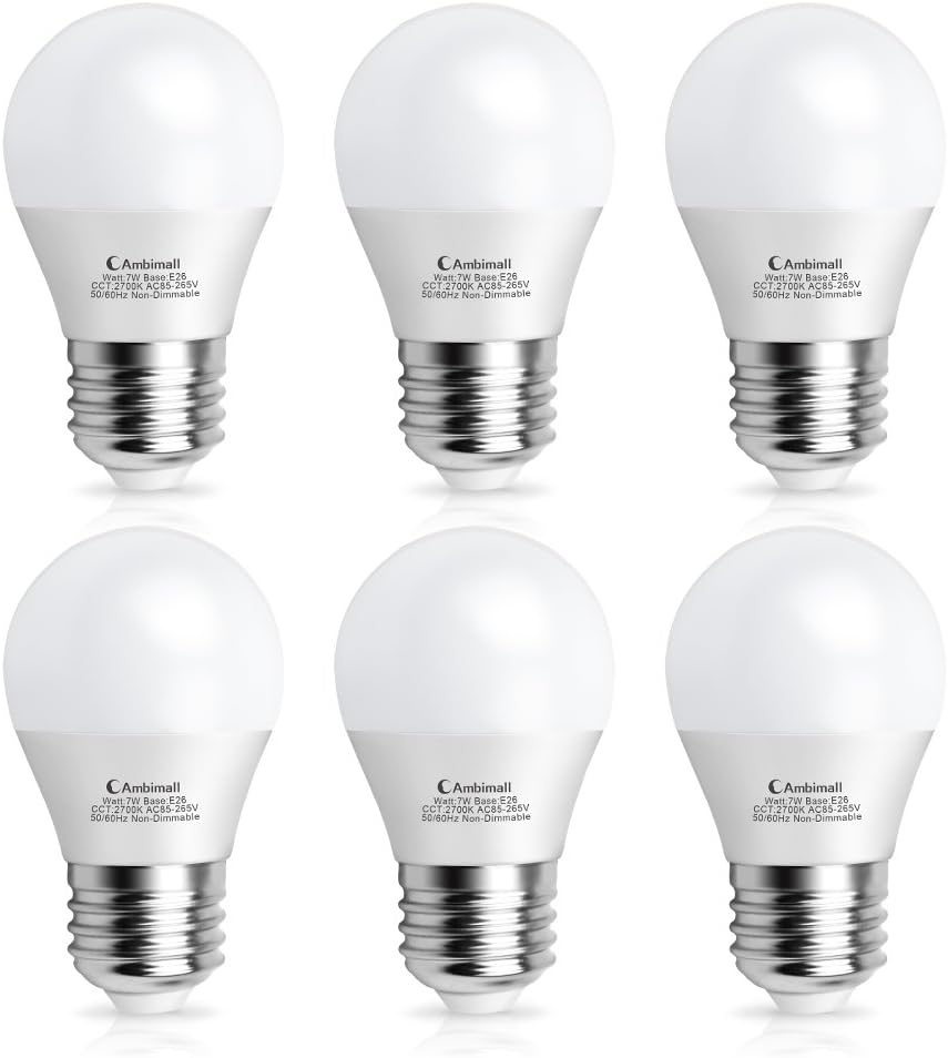 Ambimall A15 Bulb LED 60Watts Equivalent, G45 7Watt Appliance Light Bulb, Warm White 2700K 700 Lumens, LED Refrigerator Light Bulb with E26 Medium Base Non-Dimmable, Perfect for Ceiling Fan(6 Pack)