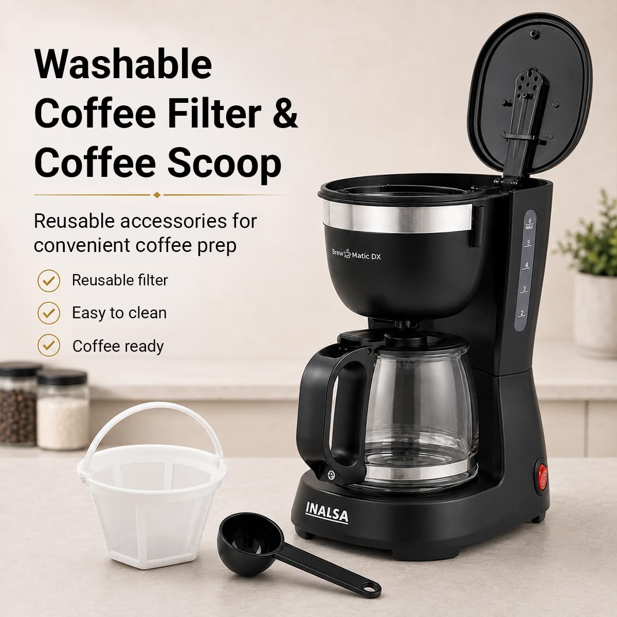 INALSA 6 Cups 650-Watt Coffee Maker with Anti Drip & Keep Warm Function|Overheat Protection|See Through 680 ML Carafe|630 ML Water Tank Capacity|Reusable Coffee Filter(Brew Matic DX)
