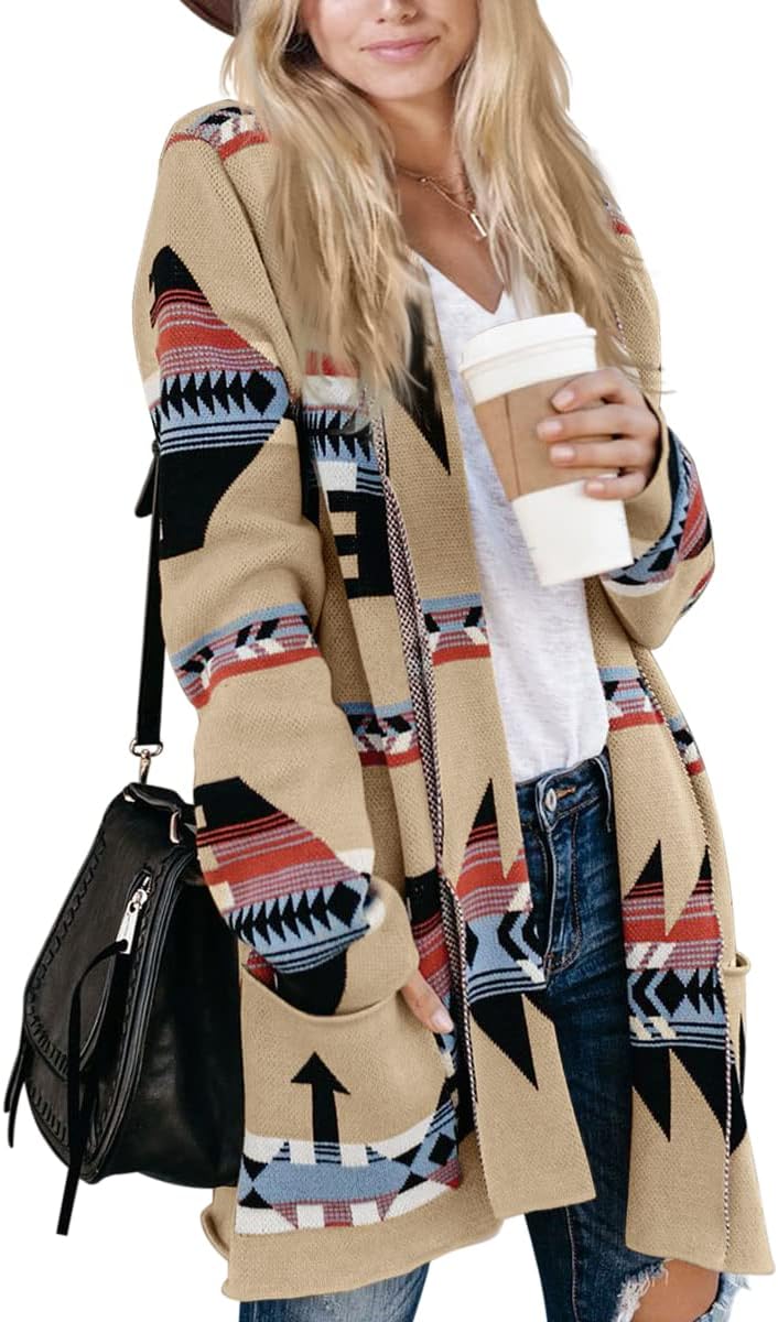 Women Boho Cardigan Aztec Open Front Long Sleeve Shawl Collar Sweater Coat