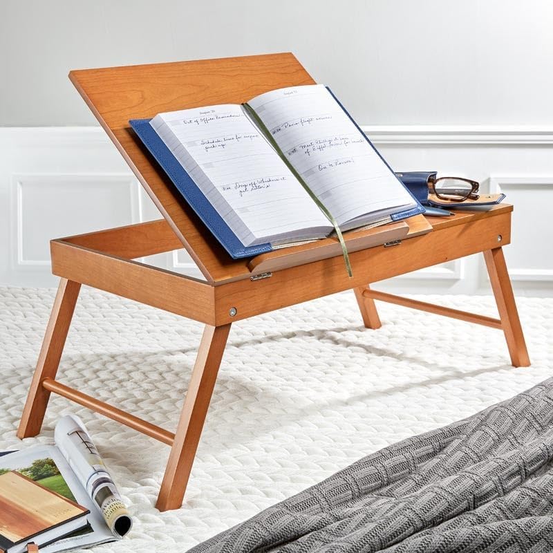 Image of WOOYNEX Wooden Laptop Table Standard Adjustable Study Table with Laptop, Portable Lap Desk, Multifunctional Bed Table with Drawer and Folding Legs (Natural)