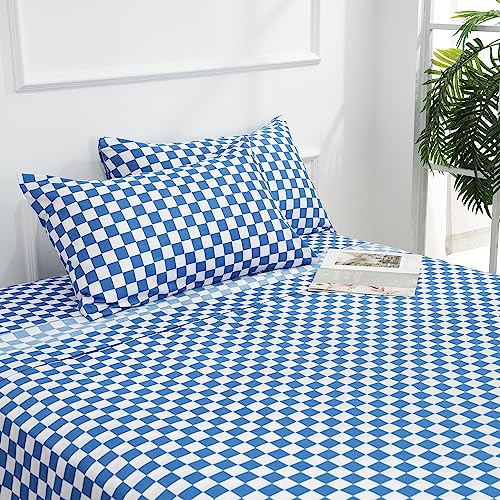 Image of Best Season Bed Sheet Set 4 Piece -Full Size-Soft Durable Microfiber Bedding Sheet Set,Deep Pocket,Stain,Fade & Wrinkle Resistant Blue and White Checkerboard Grid(Plaid Blue&White)