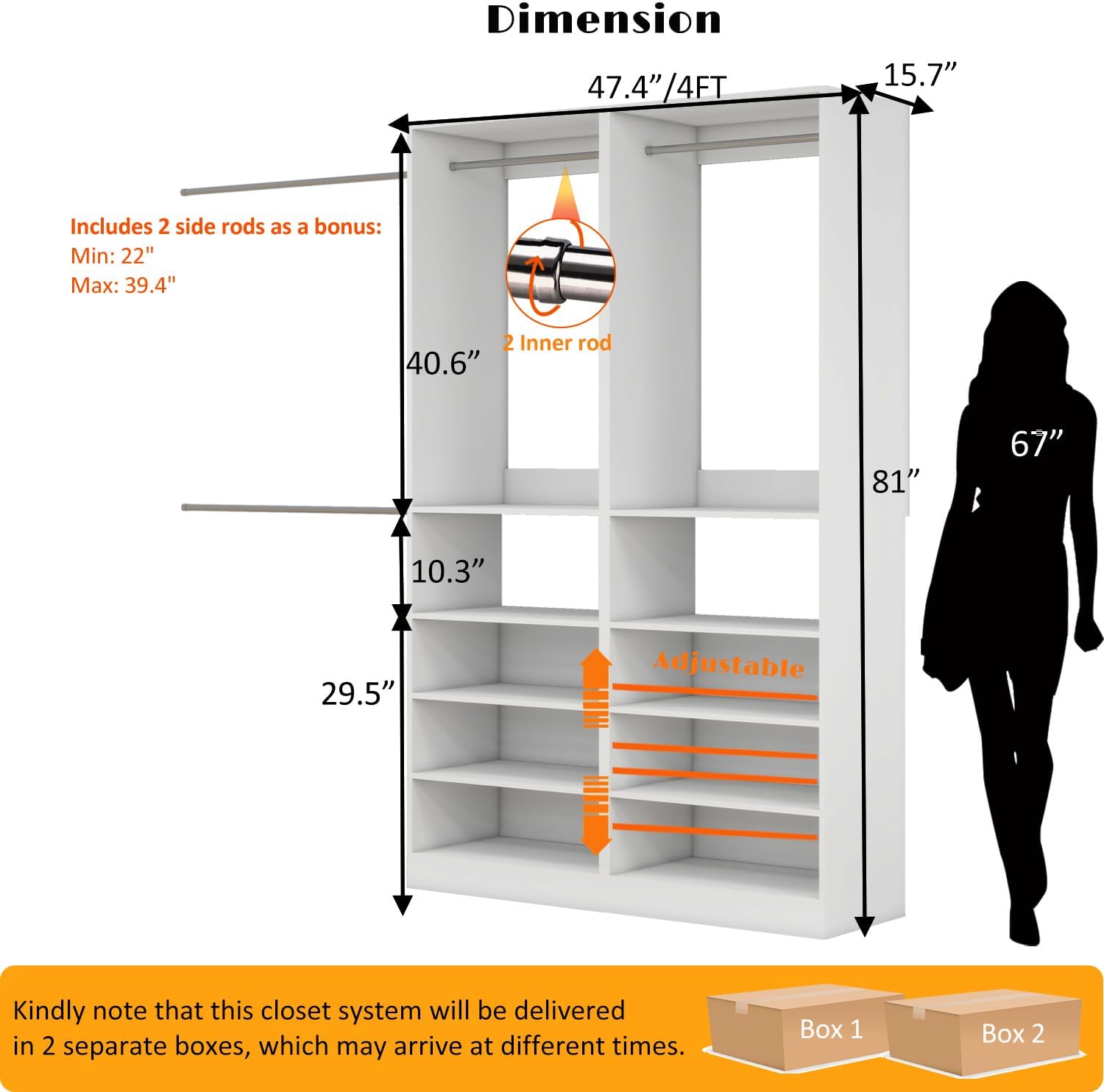 Closet System with Shelves 4FT Wood Closet Organizer System Walk-in Closet Standalone Corner Closets Storage with Hanging Rods Freestanding White (4FT)