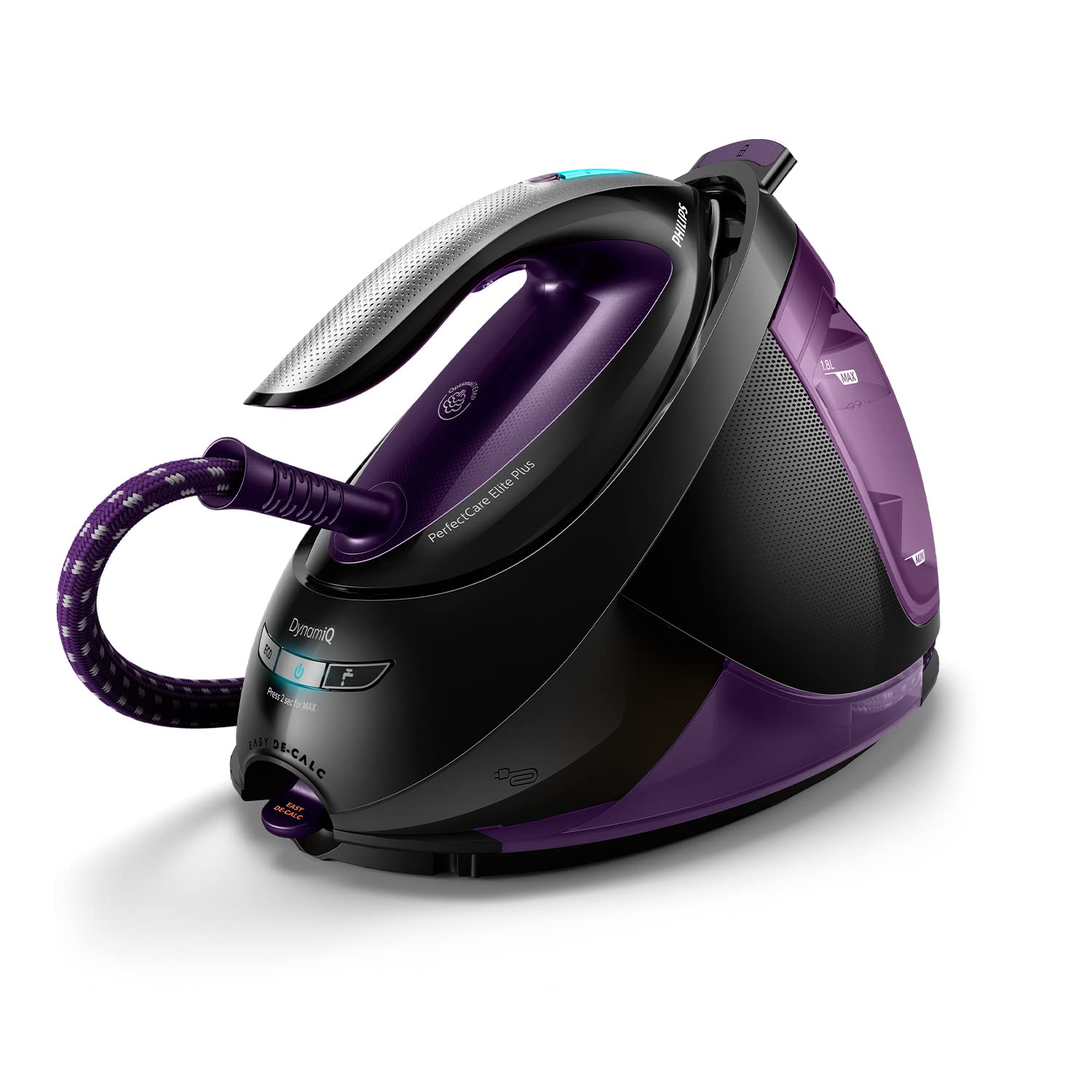 Philips PerfectCare Elite Plus Centro de Planchado a Vapor – Golpe de Vapor de hasta 550 g, OptimalTEMP, Vapor Silencioso, Depósito 1,8 L, Easy De-Calc, Liviana, Sin Riesgo de Quemaduras (GC9675/80)