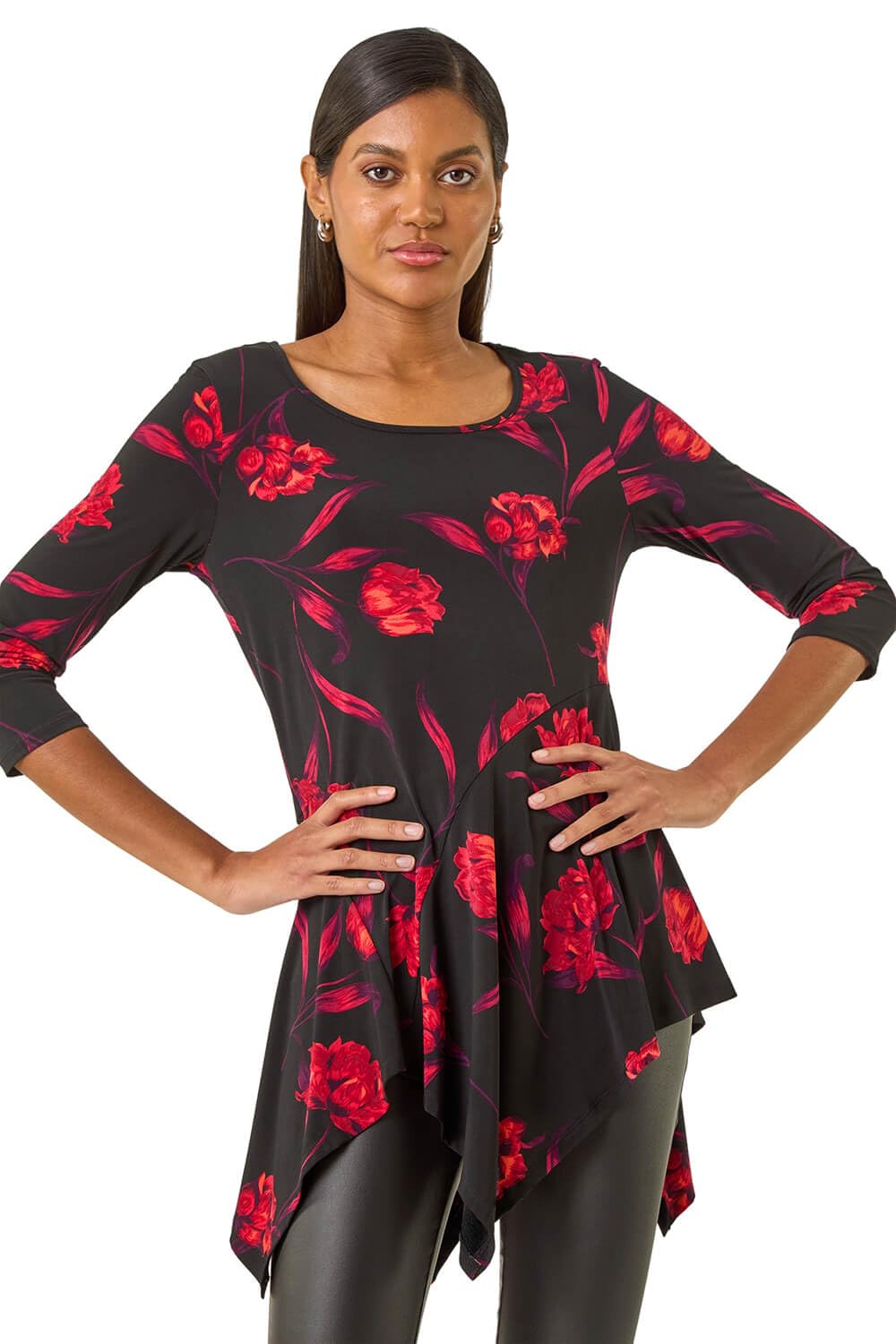 Roman Women's Red Floral Print Asymmetric Stretch Top