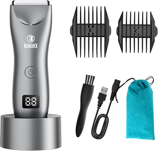 Electric Body Hair Trimmer for Men with Extra Skin-Safe Ceramic Blade, Body Shaver Groomer w/ LED Light& Charging Dock, Pubic Groin Hair Trimmer Male Hygiene Razor Waterproof & USB Rechargeable