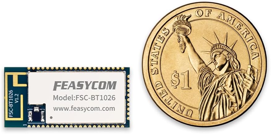 FEASYCOM QCC3034 Bluetooth 5.1 Audio Module next to a US dollar coin for size comparison