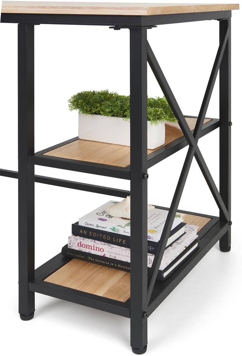 Displays2go Wood and Steel Industrial Desk, Two Shelves, Foot Levelers - Natural Wood Tone (FDXDESKNAT)