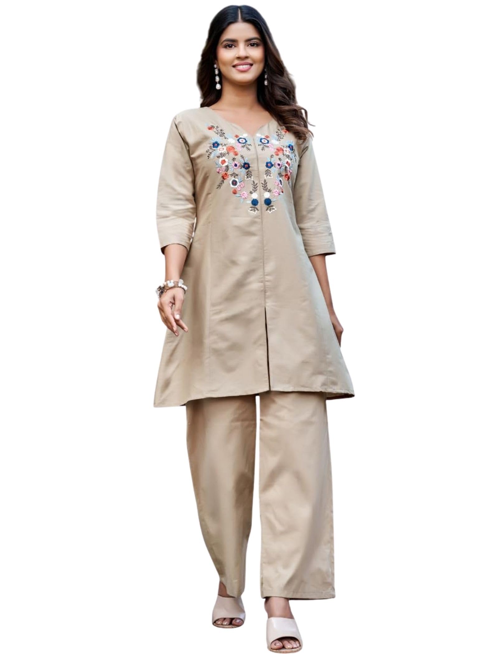 Women's Rayon Co Ord Set with Tunic & Trouser V Neck 3/4 Sleeves Embroidery Work Floral Pattern Classic Style Regular Fit and Thigh Length | Two Piece Dress for Woman-image-36