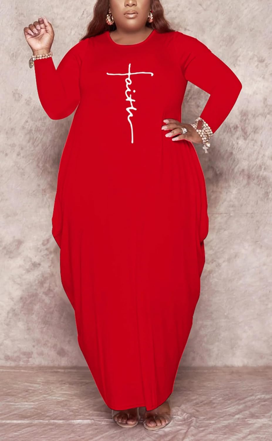 Plus Size Maxi Dress With Pockets - Long Sleeve Baggy T-Shirt Tunic Dress For Curvy Women
