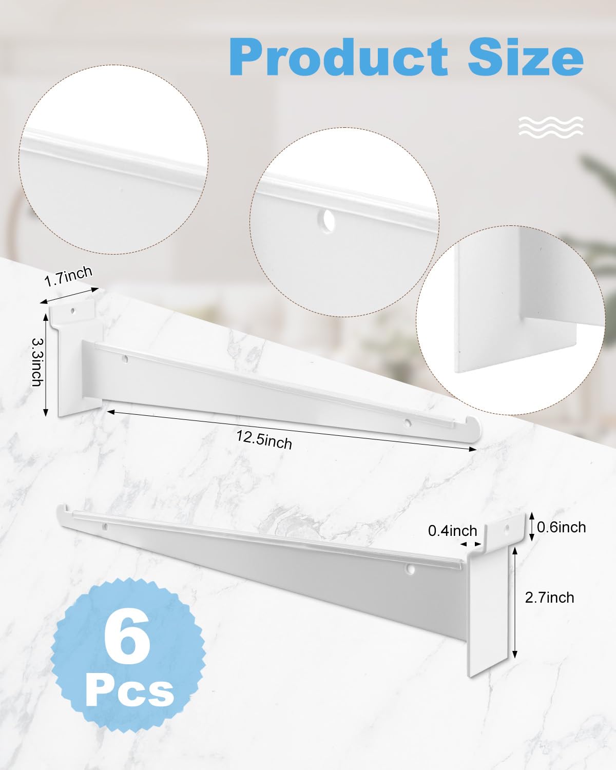 MUZIK 6PCS Slatwall Shelf Brackets, 12" White Metal, Heavy Duty, Wall Mount, Set of 6