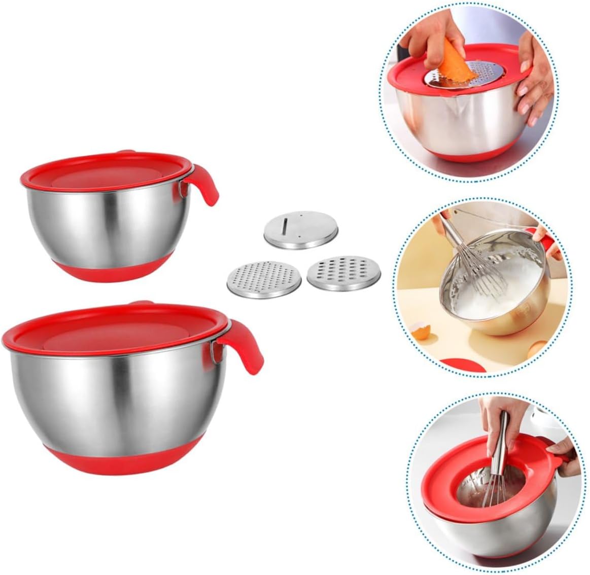 BESPORTBLE Stackable Stainless Steel Mixing Bowls with Silicone Non-slip Base, 18cm 20cm Red Handle Salad and Egg Beating Bowls Set with Lids and Vegetable Peelers for Kitchen Cooking