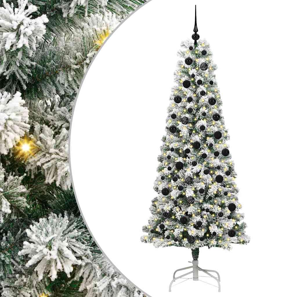 Albero di Natale artificiale pieghevole, 210 cm, verde e bianco, con 694 punte in PVC, 300 LED a luce bianca calda, 8 modalità flash, alimentato tramite USB, robusto supporto in metallo per interni ed
