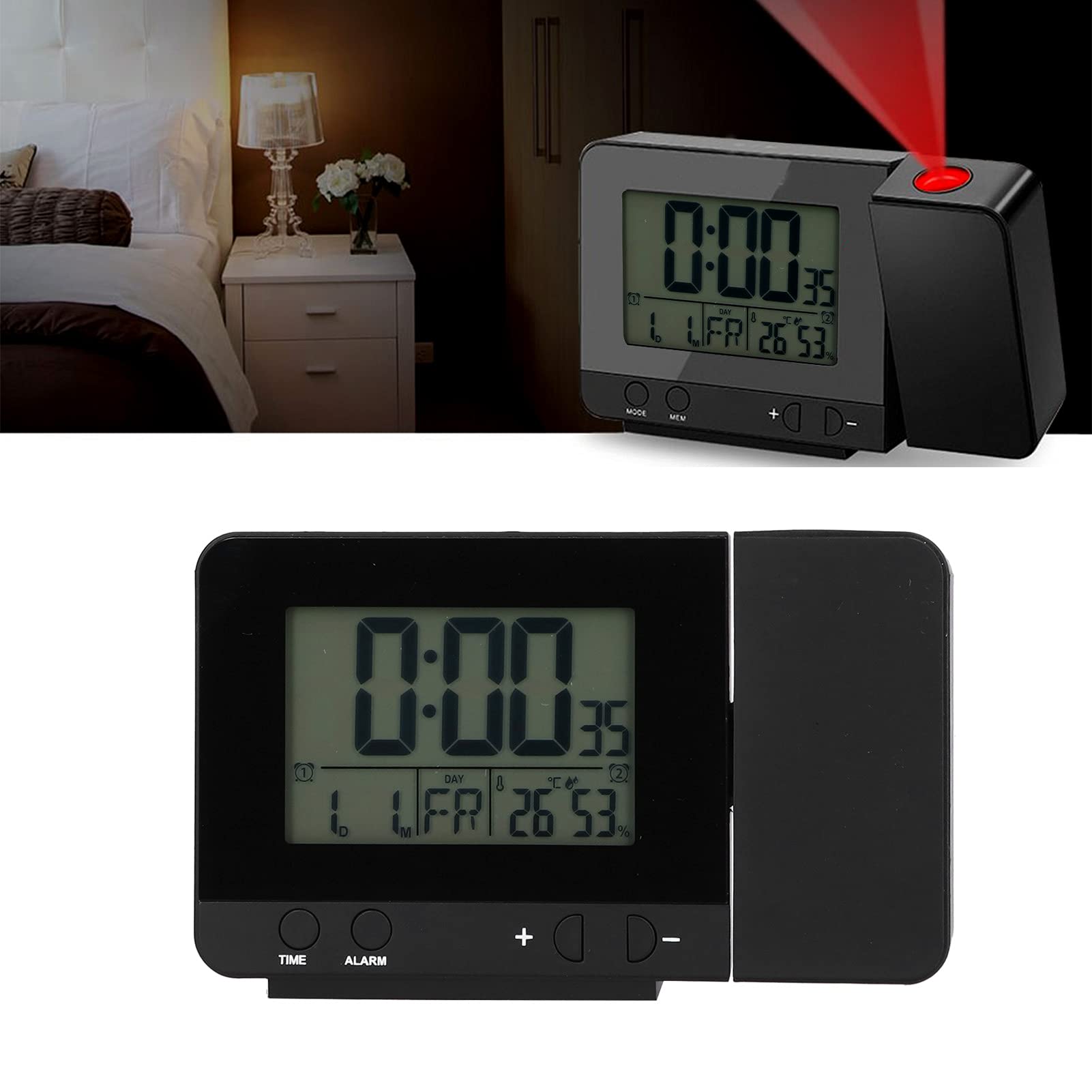 LIANGLIDE Alarm Clock Projection Clock, Black Projection Clock with Time Temperature LCD Screen USB Charging Clock for Home