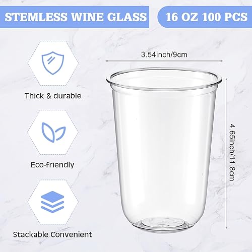 Miniatura 2 de Ziliny 100 copas de vino de plástico sin tallo, desechables, de plástico transparente, para fiestas, bodas, cumpleaños, cócteles (16 onzas)
