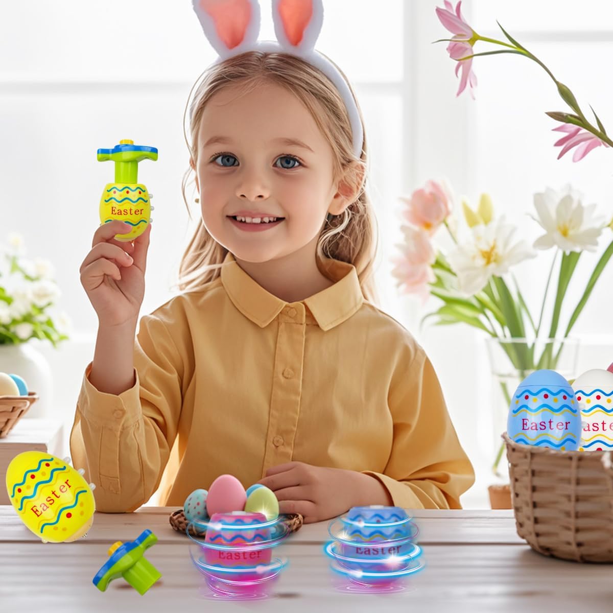 Pinkiwine 4 Pack Easter Eggs Light Up Spinning Tops with Flashing LED Lights for Kids Boys Girls Easter Basket Stuffers Toys Gifts - Image 4