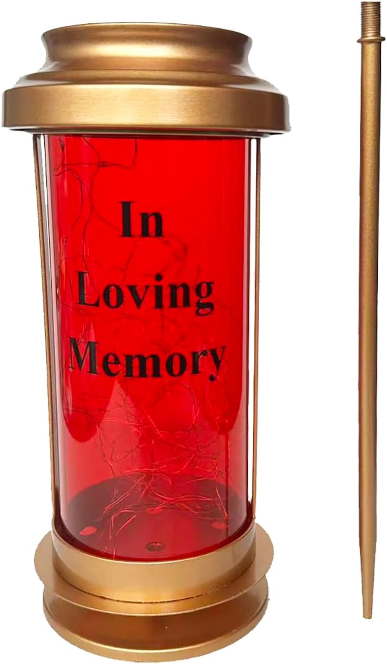 Gold Metal & Red Acrylic Outdoor Solar Candle Holders, Decorative Candle Lanterns with Long Ground Stake, Fall Solar Lights Outdoor Cemetery Lights for Grave, Grave Decorations for Cemetery
