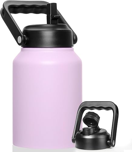 Miniatura 9 de Botella de agua aislada de medio galón con pajilla, 64 onzas, botella de agua deportiva de acero inoxidable grande con asa, taza térmica para agua