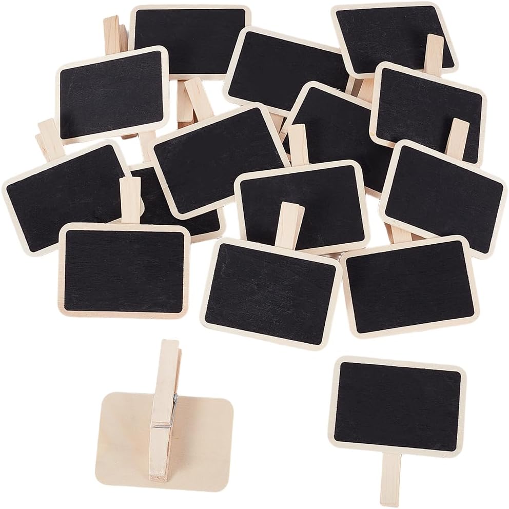 CRASPIRE 16Pcs Wooden Chalkboard Clips Mini Chalk Board Clips Black 2.9 x 2.8 Inch Small Miniature Wood Rectangle Blackboards Message Labels Signs for Party Buffet Food Name Price Tags Message