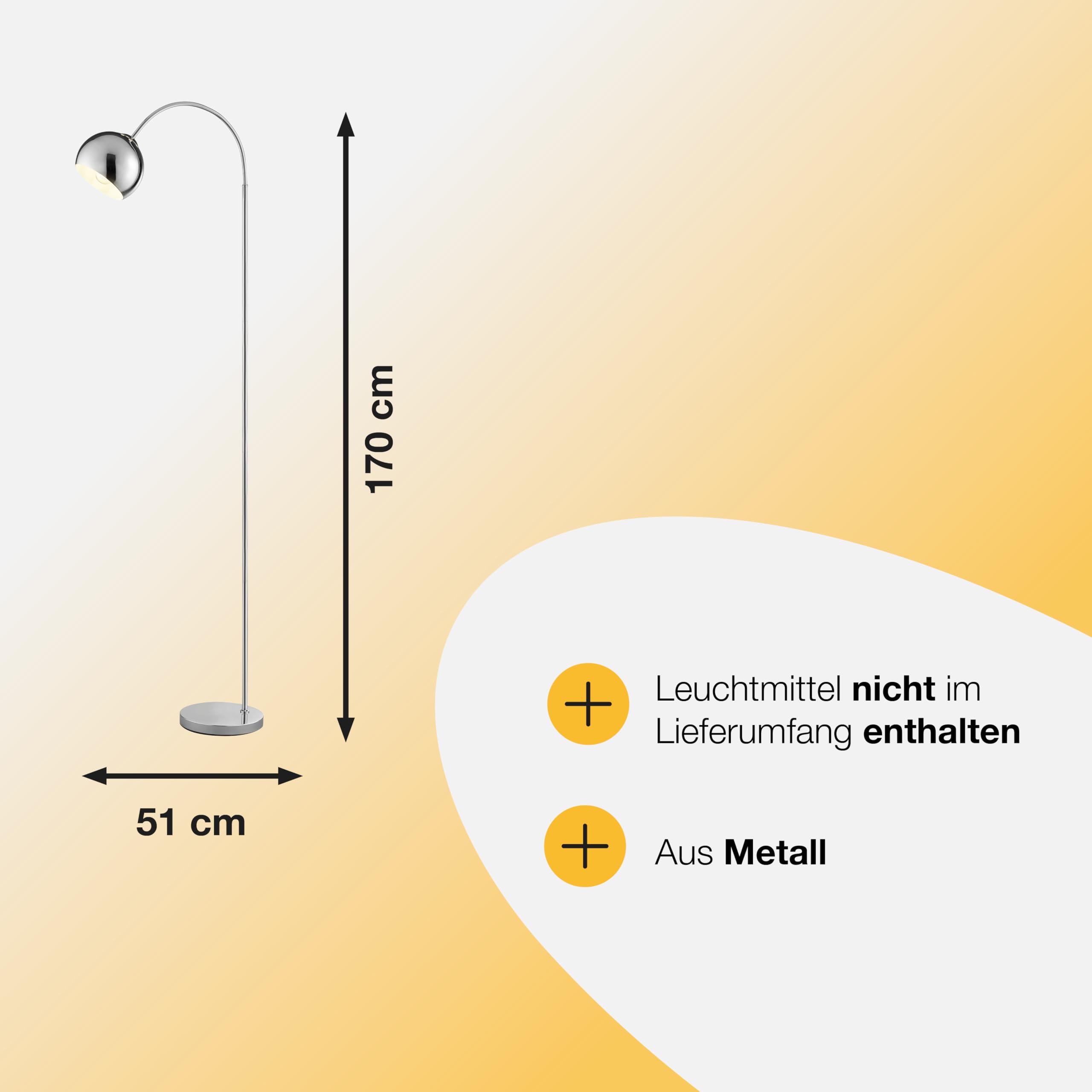 Brilliant Bogen-Stehleuchte Helen, E27 Fassung, 170 cm Höhe, 23 cm Breite, 51 cm Tiefe, gebogener Arm, Metall, chromfarben, ideal für Wohnzimmer, Leseecke, modernes elegantes Design