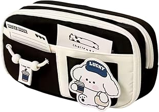 Kawaii Cute Aesthetic Pencil Case for Students | Large Capacity Multi-Pocket Pencil Pouch with Zipper | Cartoon Stationery Organizer Bag for School, College & Office Supplies (Black)