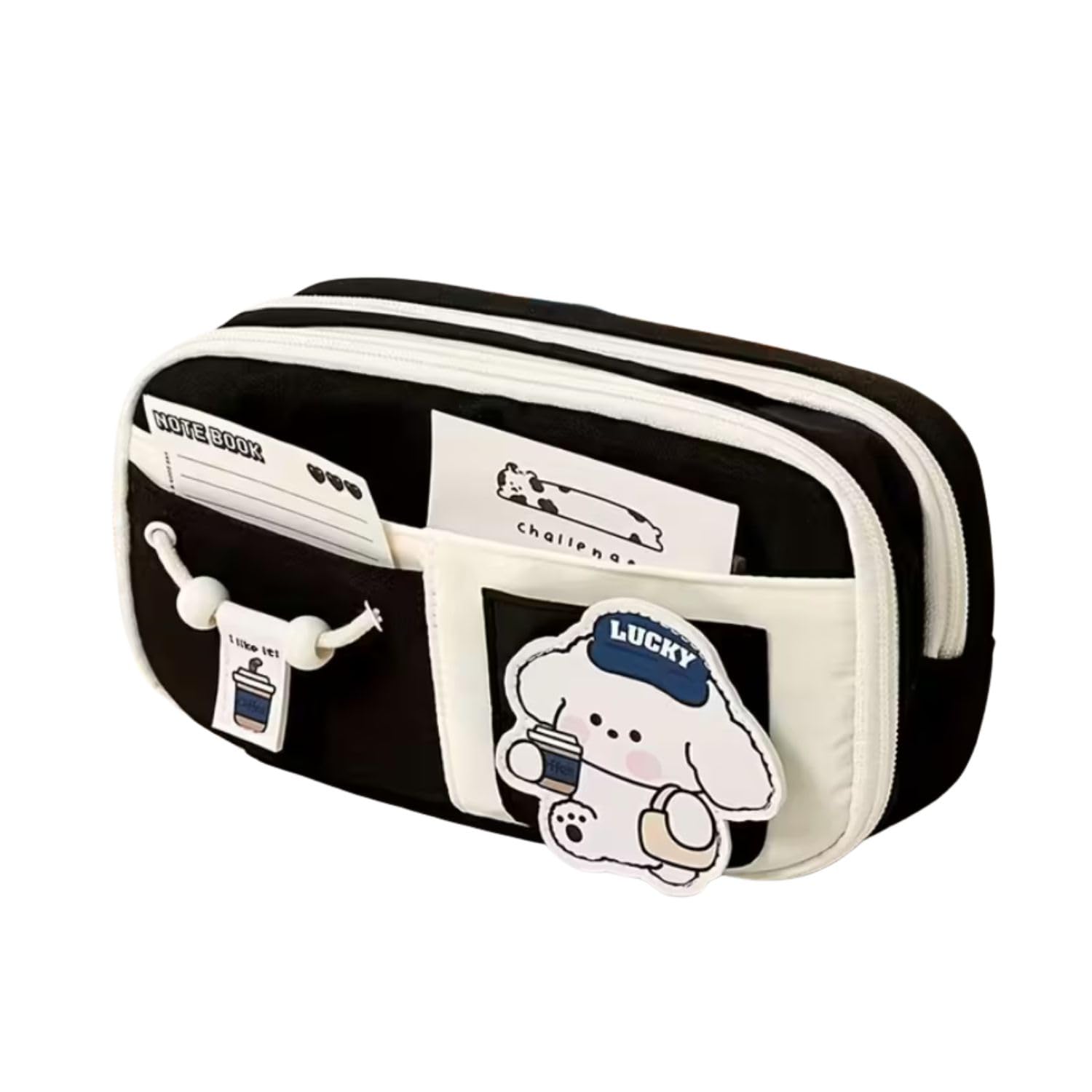 Cute Cartoon Pencil Case Organiser | Double Zipper Stationery Pouch with Front Pocket | Pen Pencil Eraser Storage Bag | School College Office Supply Holder | Black Color-image-21