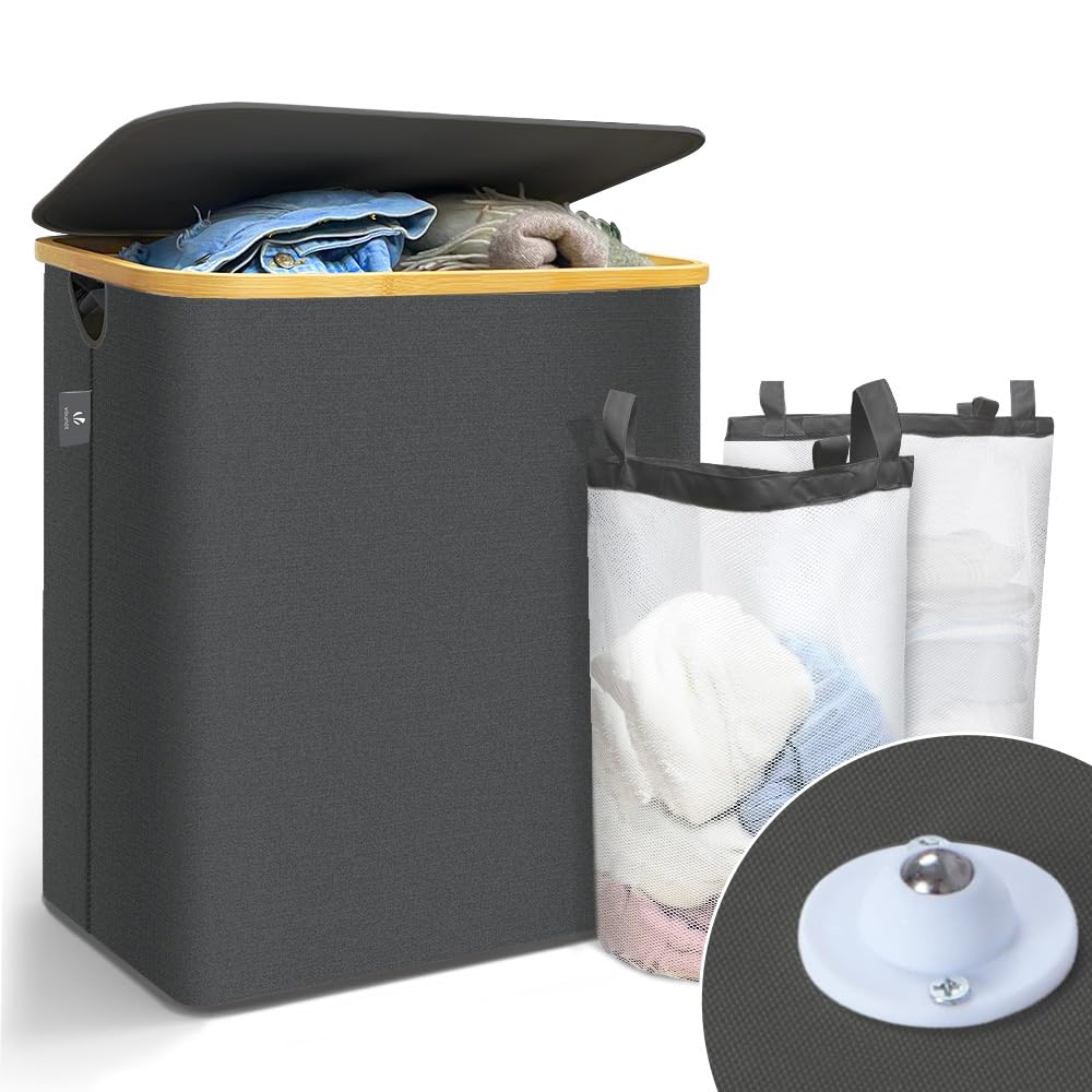 VOUNOT Wasmand Met Deksel 100L, Opvouwbare Wasmand M Afneembare Waszakken Wasmanden Wasbox Smal Grijs 1160575143