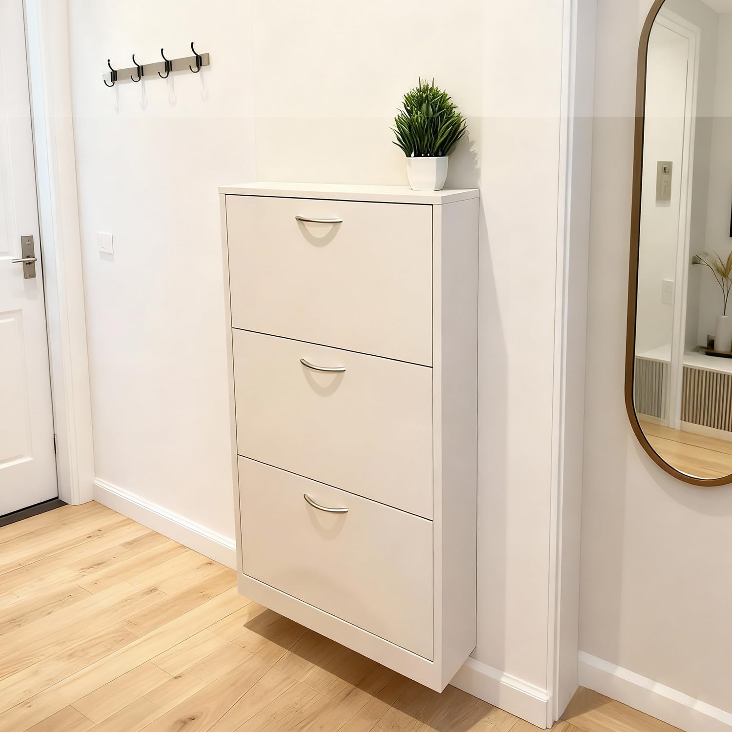 GRAVFORCE Schuhschrank Schmal mit 3 Klappen Schuhkipper 58Bx17Tx105H (Weiß) | Flip Down Schuhregal Holz Flurschrank platzsparend für Eingangsbereich, Wohnung, shoe cabinet ideal für schmale Flure