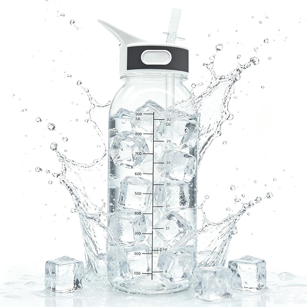 Botella de agua Tritan de 32 onzas con popote y marcador de tiempo motivacional, botella de agua deportiva de flujo rápido, sin BPA, no tóxica para fitness, gimnasio y actividades al aire libre
