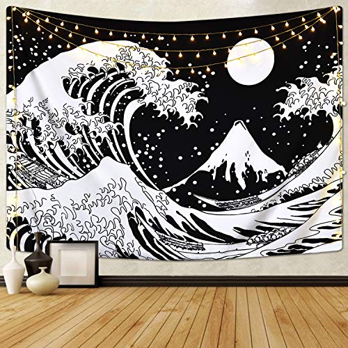 Japanese Wave Tapestry,Kanagawa Great Wave Wall Tapestry, Wave Tapestry with Sun Tapestries, Black