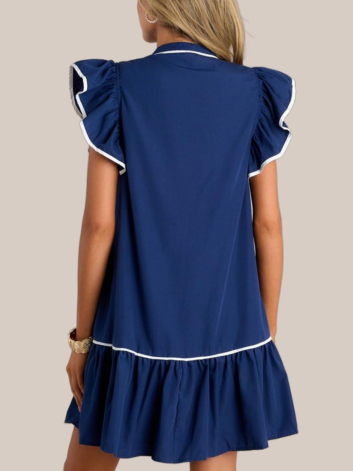 Women's Button Down Ruffle Cap Sleeve Mini Dress V Neck A Line Flowy Babydoll Short Dresses with Pockets - Image 4